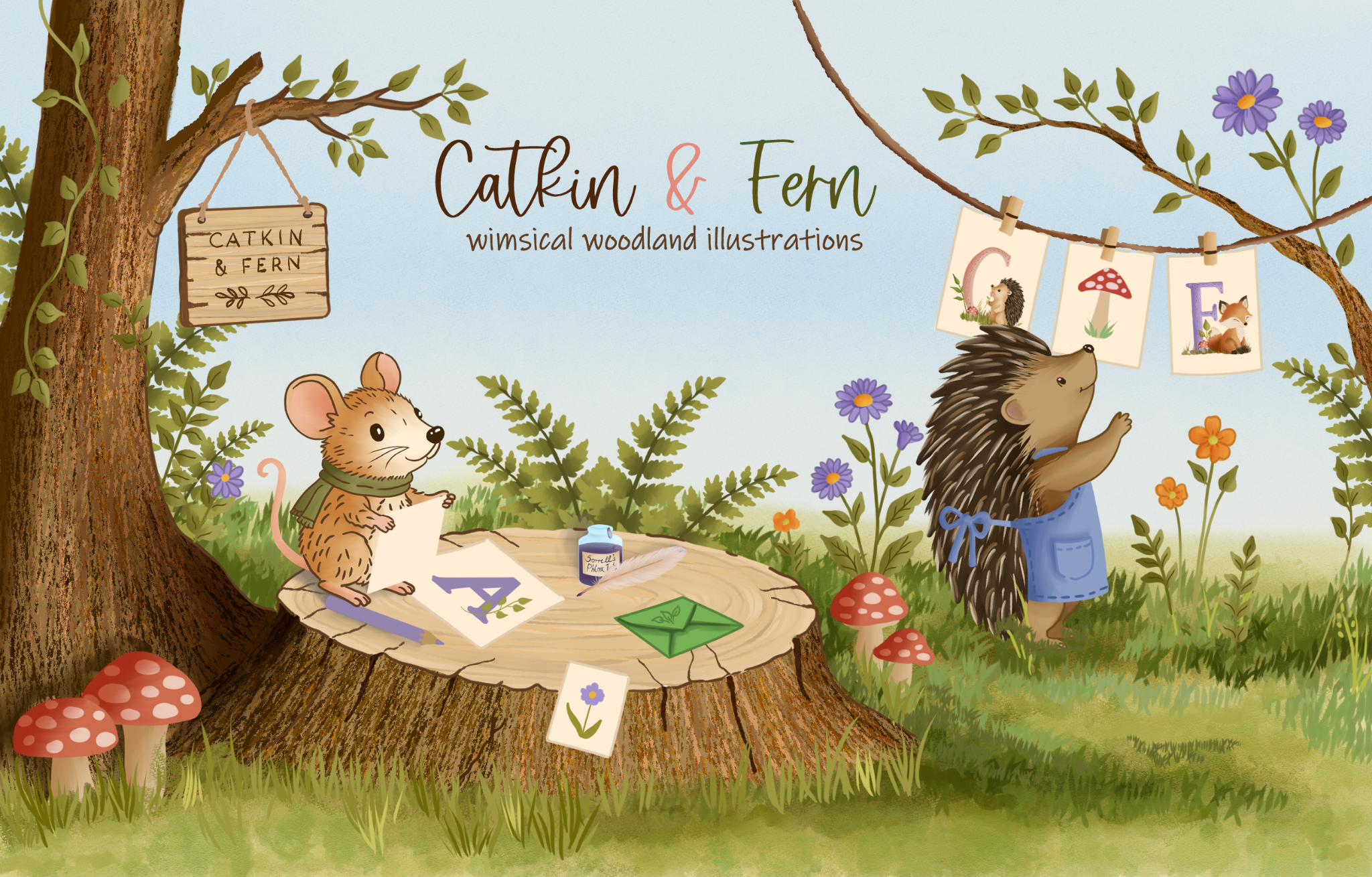 Catkin and Fern woodland studio, with a scarf-wearing mouse drawing and a hedgehog hanging illustrated alphabet cards.